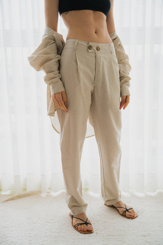 Calça Linho Botão Areia