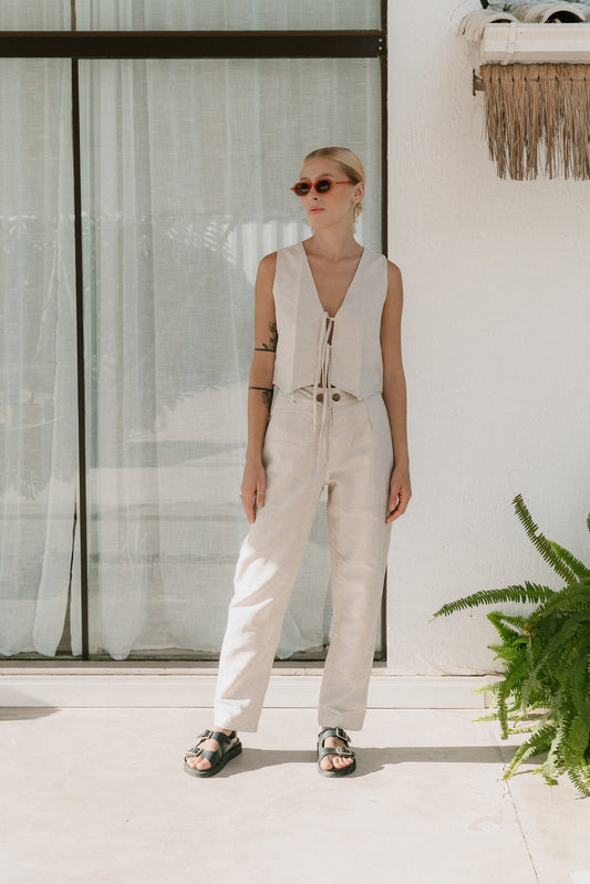 Calça Linho Botão Areia