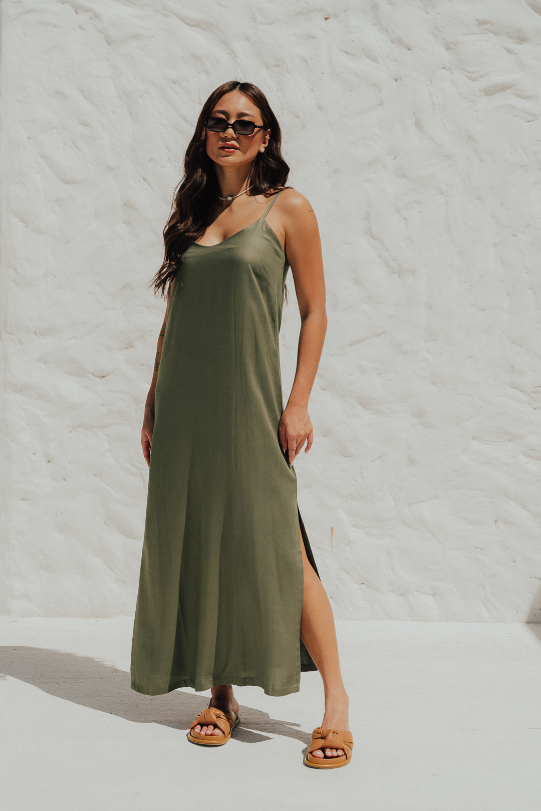 Vestido Longo Fenda Oliva