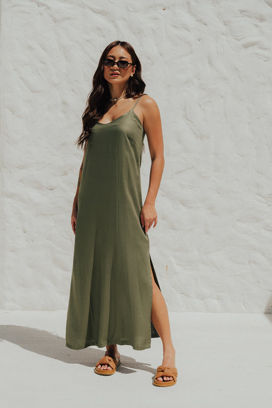 Vestido Longo Fenda Oliva