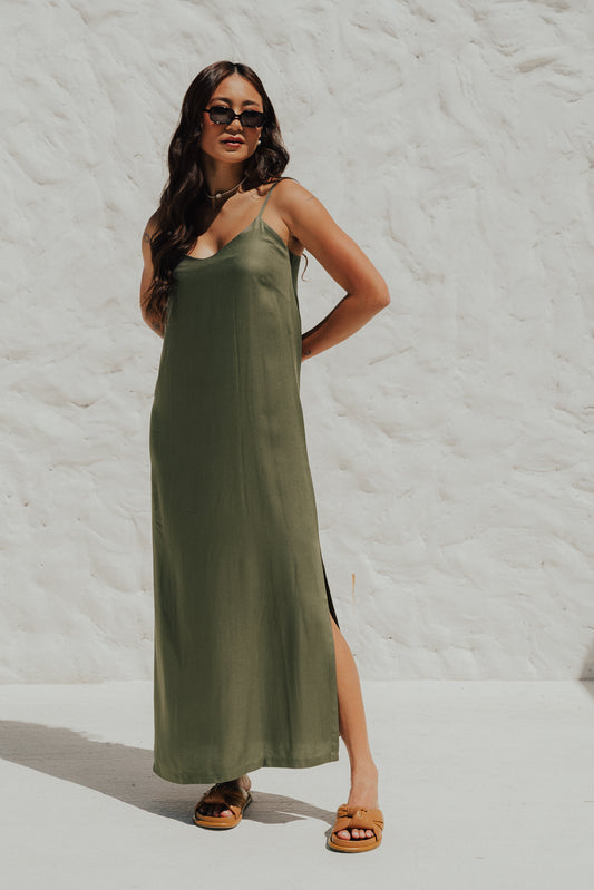 Vestido Longo Fenda Oliva