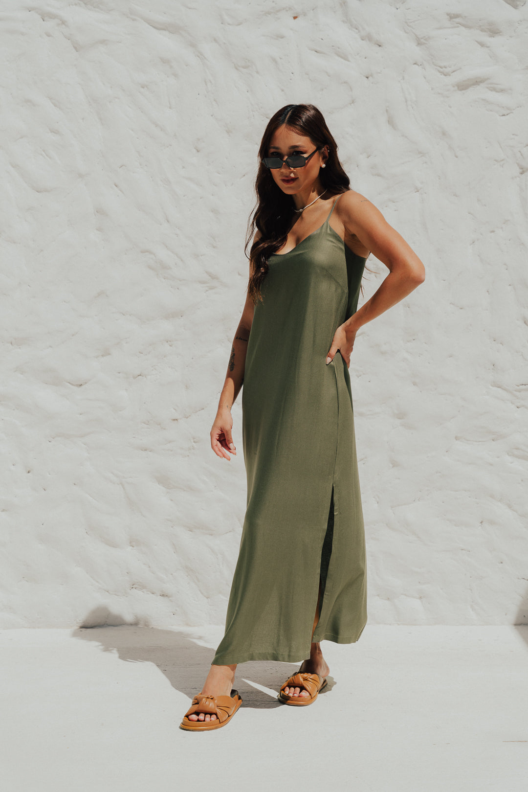 Vestido Longo Fenda Oliva