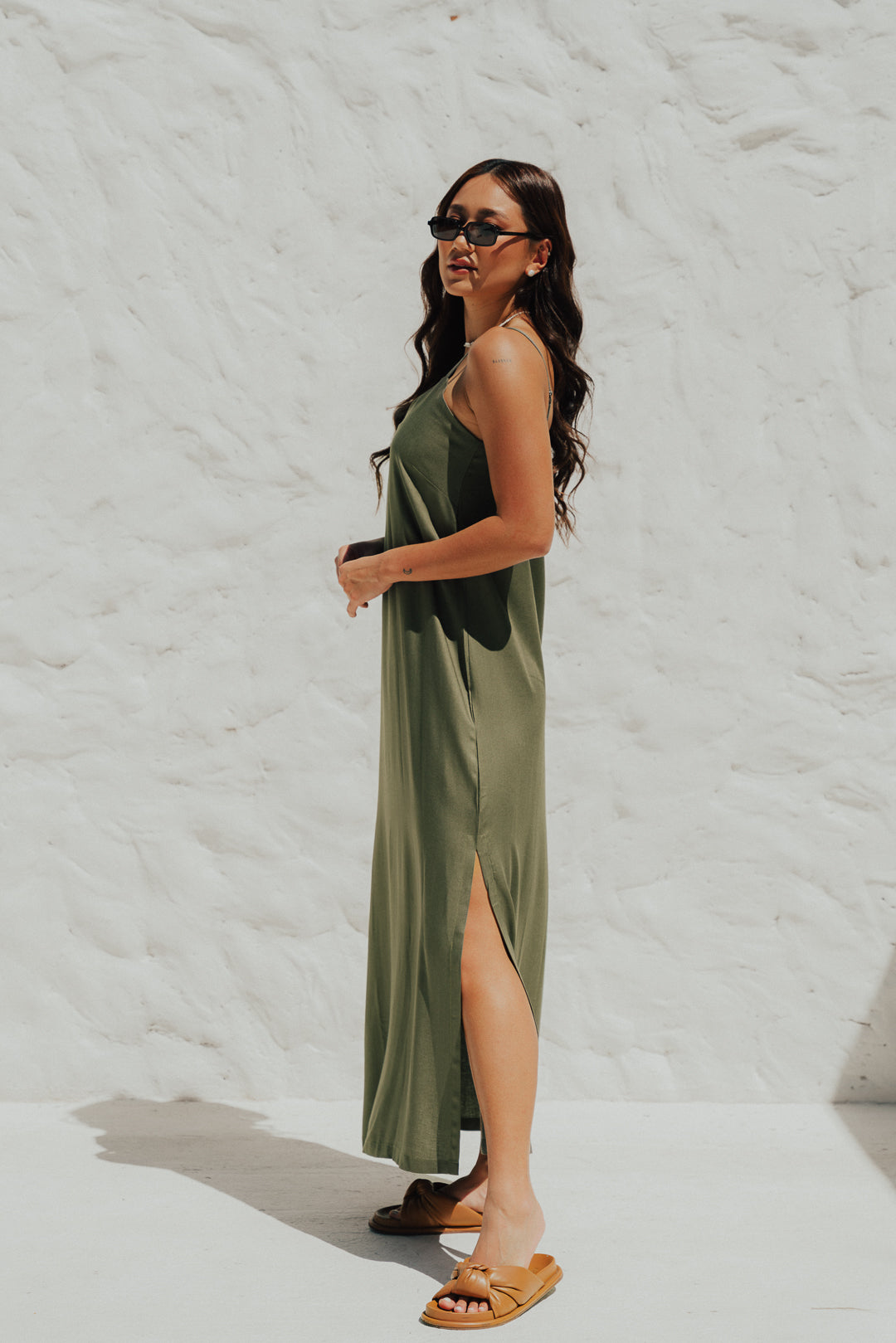 Vestido Longo Fenda Oliva