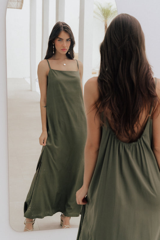 Vestido Longo Quadrado Oliva