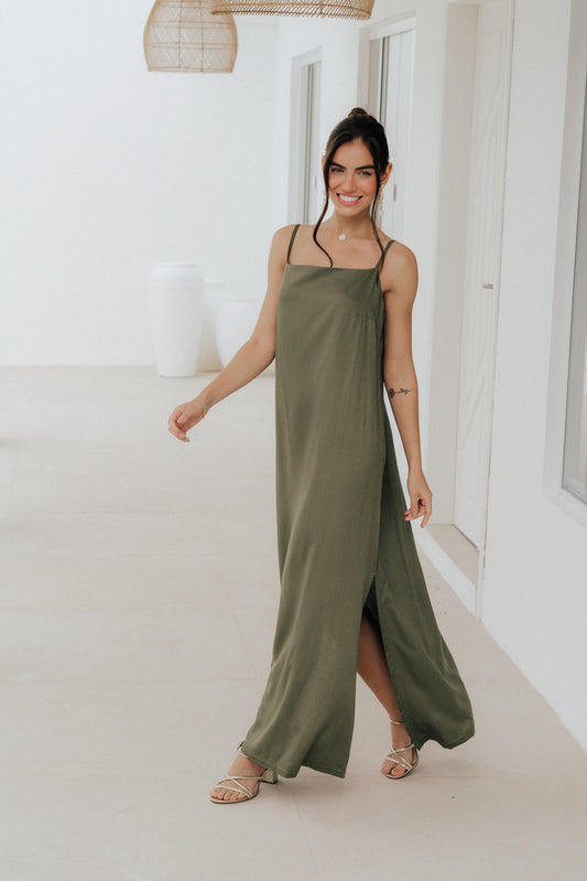 Vestido Longo Quadrado Oliva
