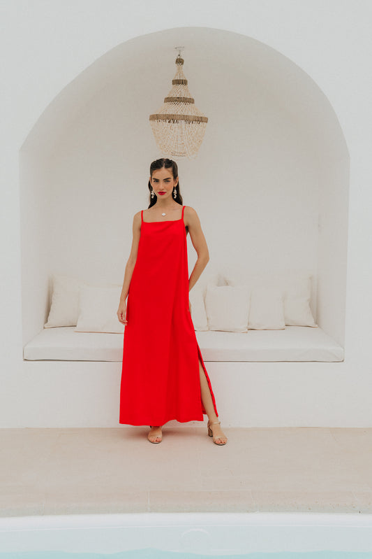 Vestido Longo Quadrado Cereja