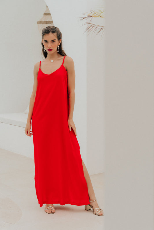 Vestido Longo Fenda Cereja